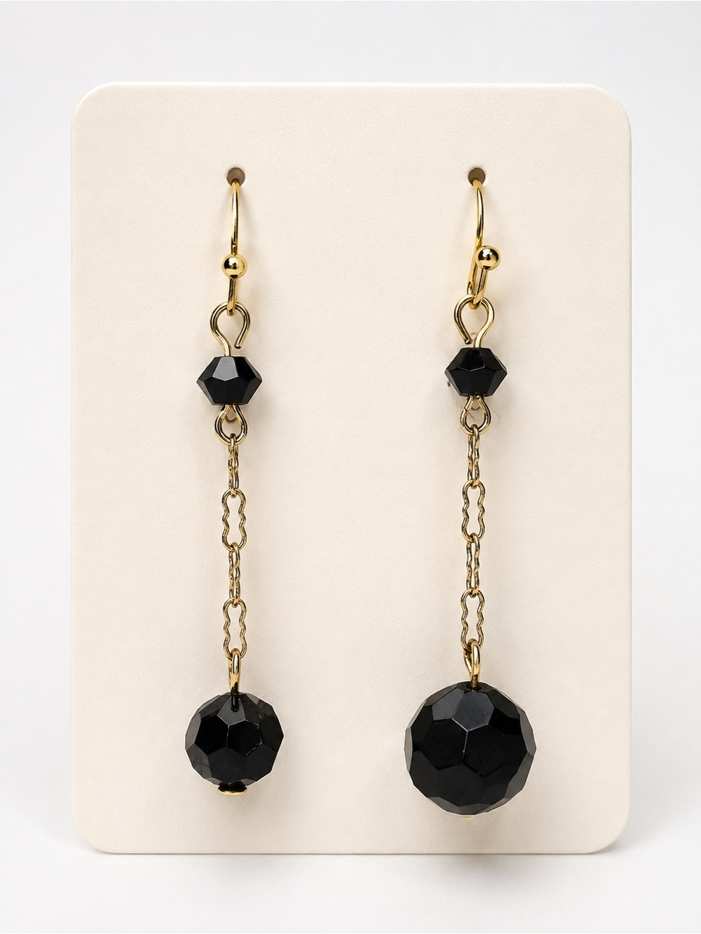 Handcrafted Upcycled Black Bead Asymmetrical Gold-Tone Dangle Earrings